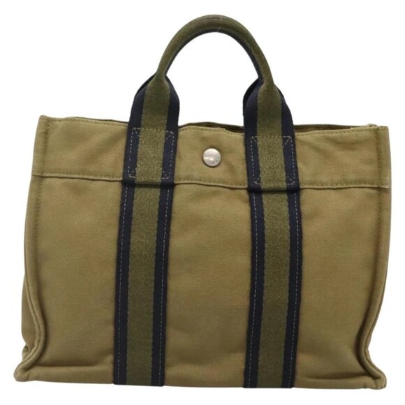 HERMES Fourre Tout PM Hand Bag Canvas Green Gray Auth - Picture 11 of 16